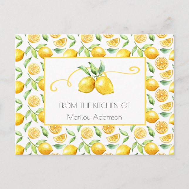 Carte Postale Citrons d'aquarelle et recettes Feuilles vertes | (Devant)