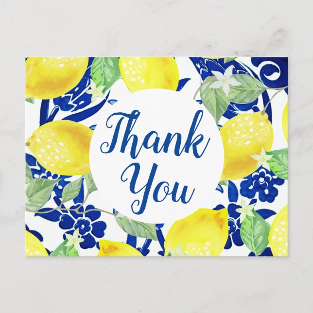 Carte Postale Citrons de campagne et Merci floral bleu (Devant)