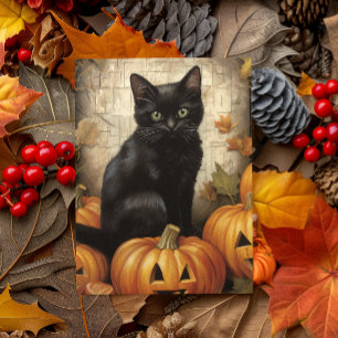 Carte Postale Citrouille au chat noir vintage en découpage 