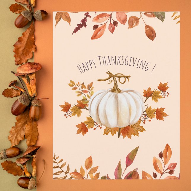 Carte Postale Citrouille blanc et feuilles d'automne Thanksgivin (Créateur téléchargé)