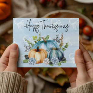 Carte Postale Citrouille bon thanksgiving bleu aquarelle
