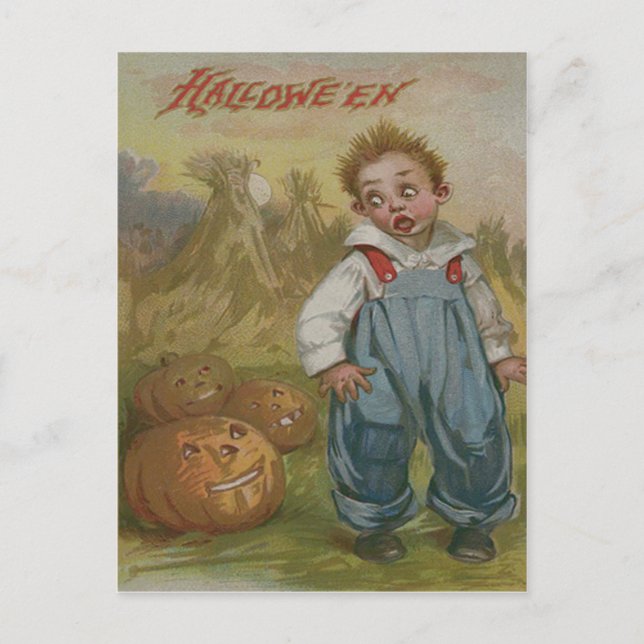 Carte Postale Citrouille Boy Jack-o'-lantern Pleine lune Haystac (Devant)