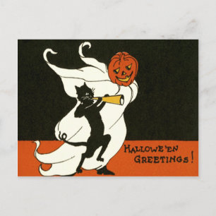 Carte Postale Citrouille Chat Noir Fantôme Corne