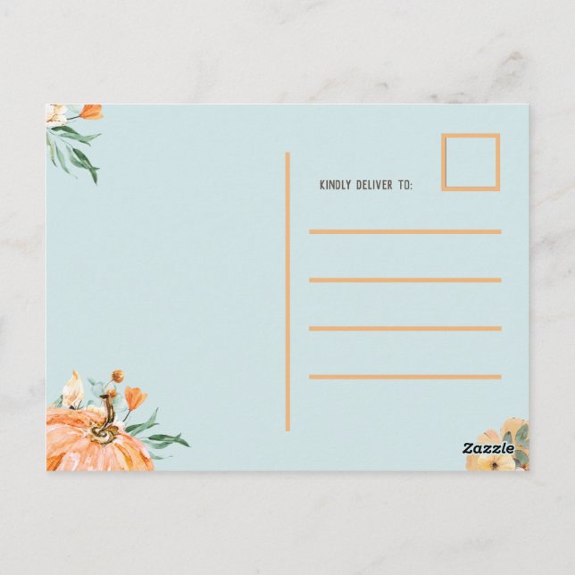Carte Postale Citrouille d'automne Baby shower bleu, (Dos)