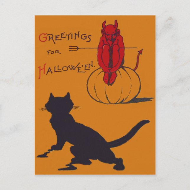 Carte Postale Citrouille de chat noir Devil Demon Pitchfork (Devant)