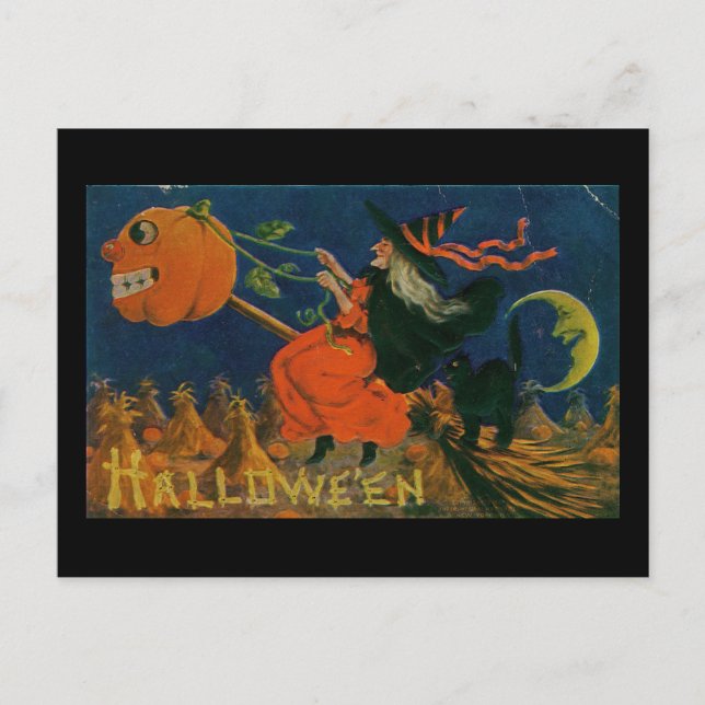 Carte Postale Citrouille de sorcière Halloween Broomstick Vintag (Devant)