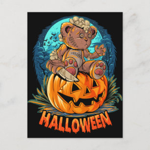Carte Postale Citrouille d'Halloween avec un ours en peluche tue