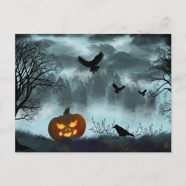 Carte Postale Citrouille d'Halloween et corbeau (Devant)