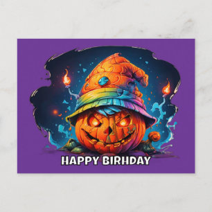 Carte Postale citrouille effrayante avec chapeau d'anniversaire 