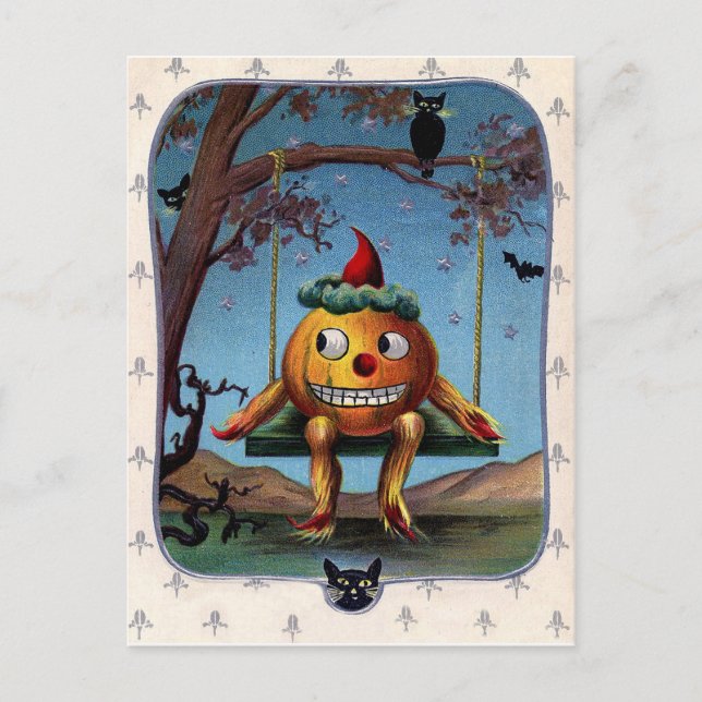 Carte Postale Citrouille effrayé sur une balançoire à Halloween  (Devant)