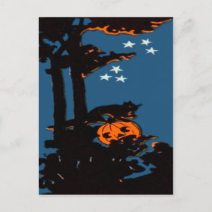 Carte Postale Citrouille Jack O' Lantern Chat Orange Noir