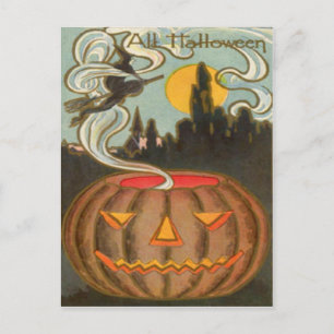 Carte Postale Citrouille Jack O Lanterne Sorcière Pleine Lune