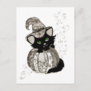 Carte Postale Citrouille noir Cat Green Eyes