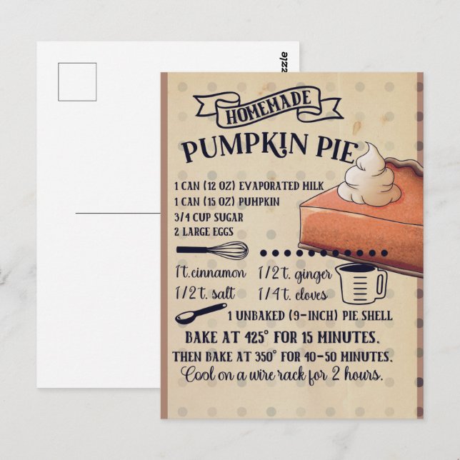 Carte postale citrouille Pie Thanksgiving Recette (Devant / Derrière)