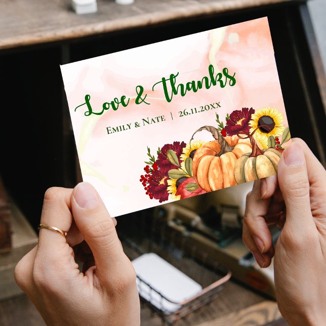 Carte Postale Citrouille romantique Automne part Mariage de auto (Romantic Pumpkin Autumn Leaves Fall Wedding Thank Postcard)