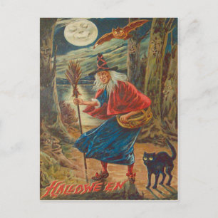 Carte Postale Citrouille sorcière chat noir chauve-souris lune