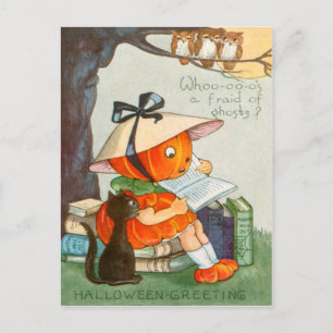 Carte Postale Citrouille tête de chat noir Jack O Lantern citrou