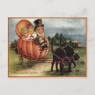 Carte Postale Citrouille Tête de Chou Carrosse Chat Noir