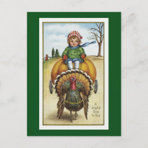 Carte Postale citrouille vintage chariot et dinde