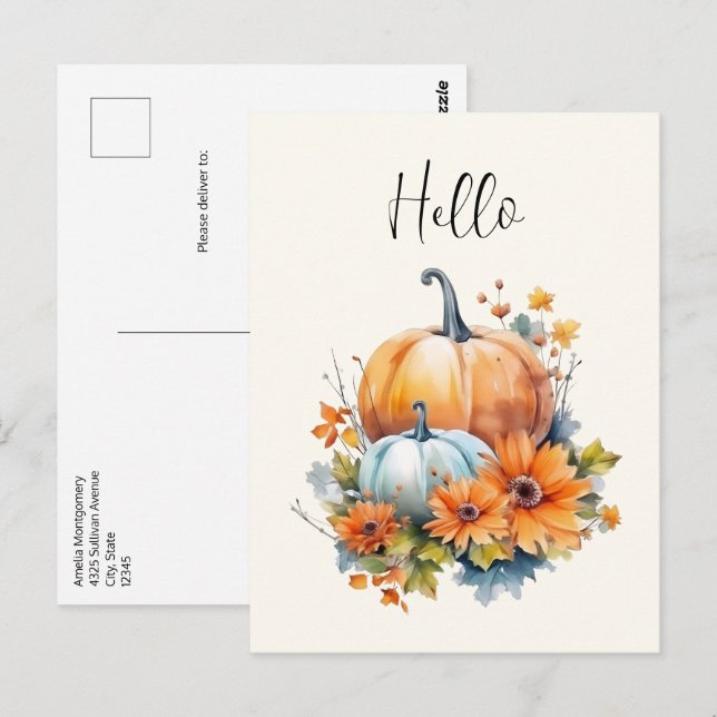 Carte Postale Citrouilles d'automne avec Fleurs et Foliage Bonjo (Devant / Derrière)