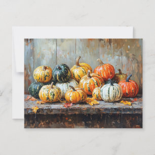 Carte Postale Citrouilles d'automne colorés sur table rustique
