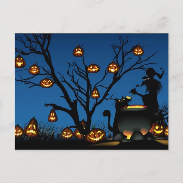 Carte Postale Citrouilles d'Halloween avec sorcière (Devant)