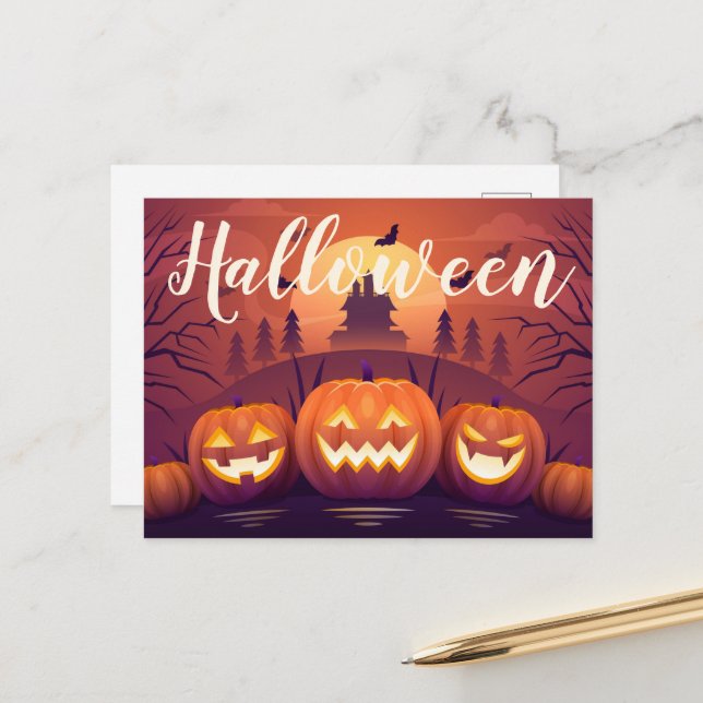 Carte Postale Citrouilles d'Halloween et maison hantée (Devant/Arrière en situation)