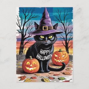 Carte Postale Citrouilles et chat noir modernes tendance pour Ha