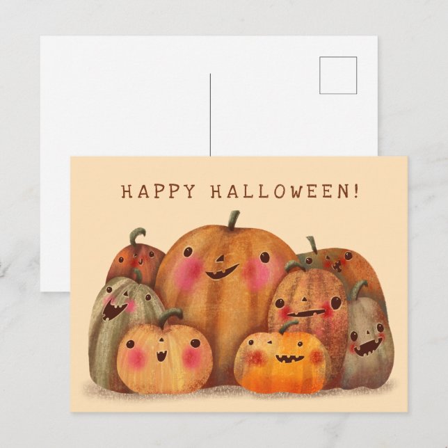 Carte Postale Citrouilles heureux - Joli Halloween (Devant / Derrière)
