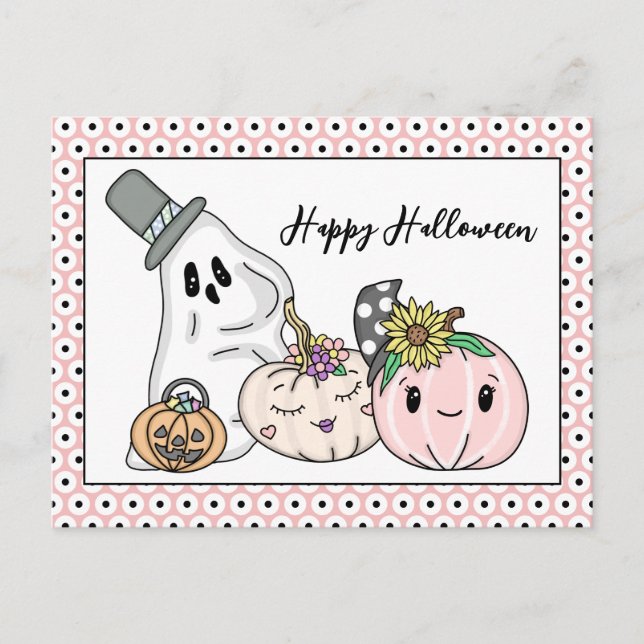 Carte Postale Citrouilles Whimsical d'Halloween rose et Boo (Devant)