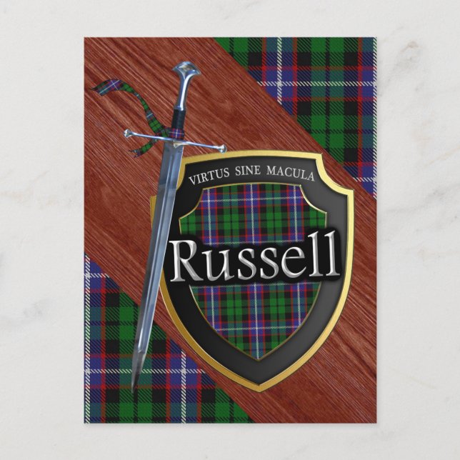 Carte Postale Clan écossais Russell Tartan Sword & Shield (Devant)