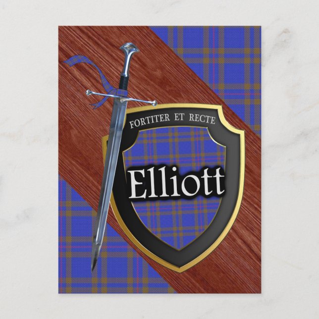 Carte Postale Clan Elliott Tartan Épée & Bouclier (Devant)