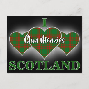Carte Postale Clan Menzies I Love Scotland Red et Green Tartan