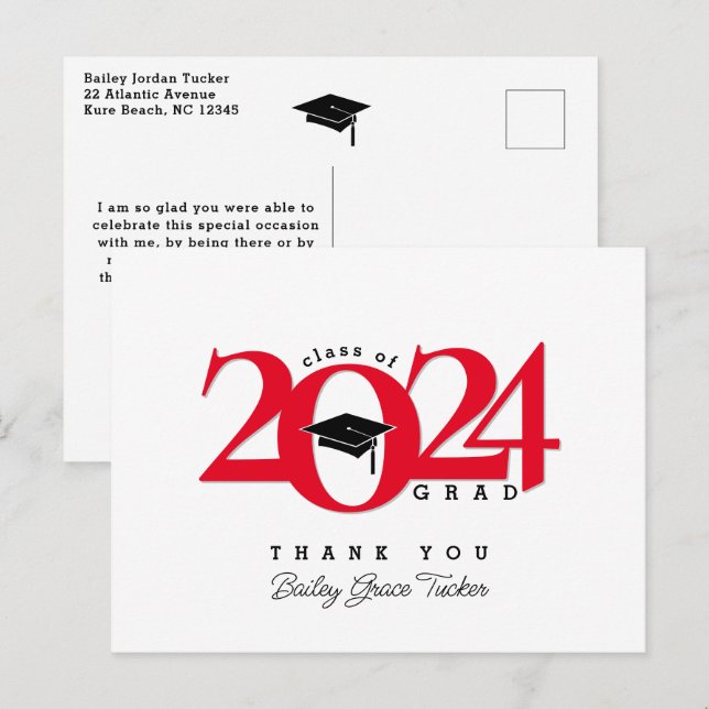 Carte Postale Classe Année Grad Tassel Red Graduation Merci (Devant / Derrière)