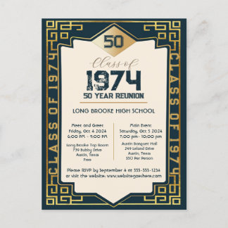 Carte Postale Classe Art Déco de 1974 50 Année Réunion du lycée