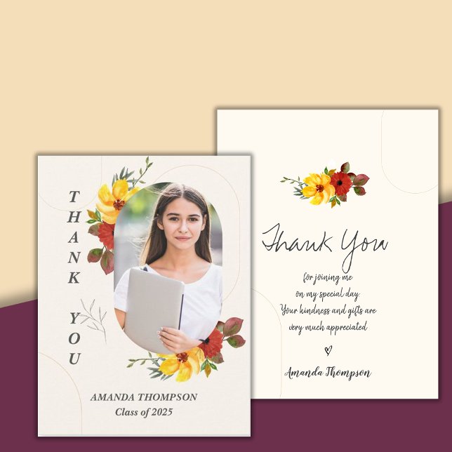 Carte Postale Classe de Merci de graduation photo florale 2025 (Class of 2025 Floral Photo Graduation Thank You Postcard)