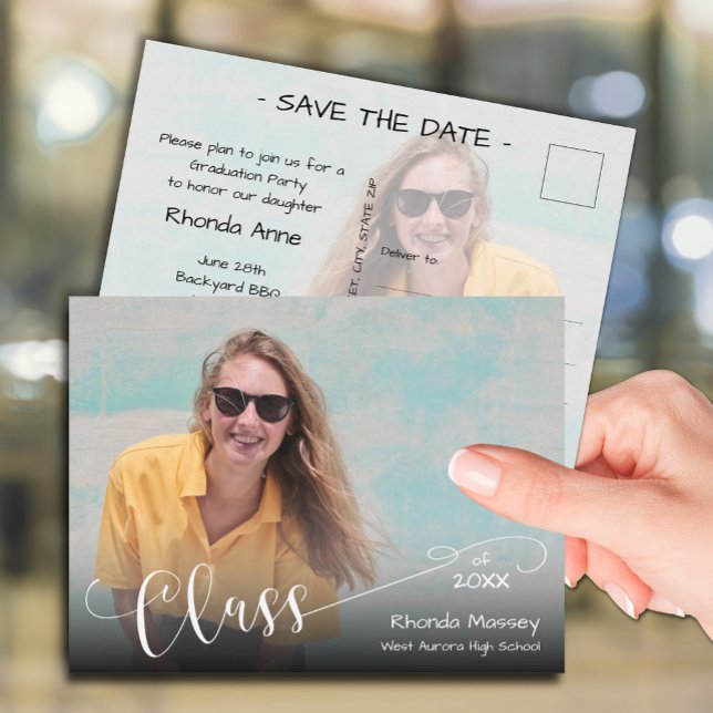 Carte Postale Classe de script de la graduation photo Enregistre (Class of on the front of 2 photo  graduation save the date postcards)