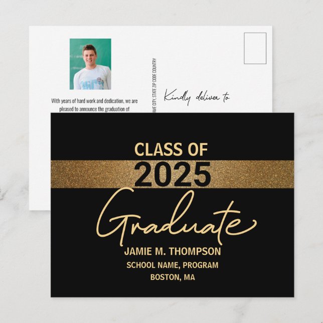 Carte Postale Classe d'or noir de 2025 Graduation Photo (Devant / Derrière)