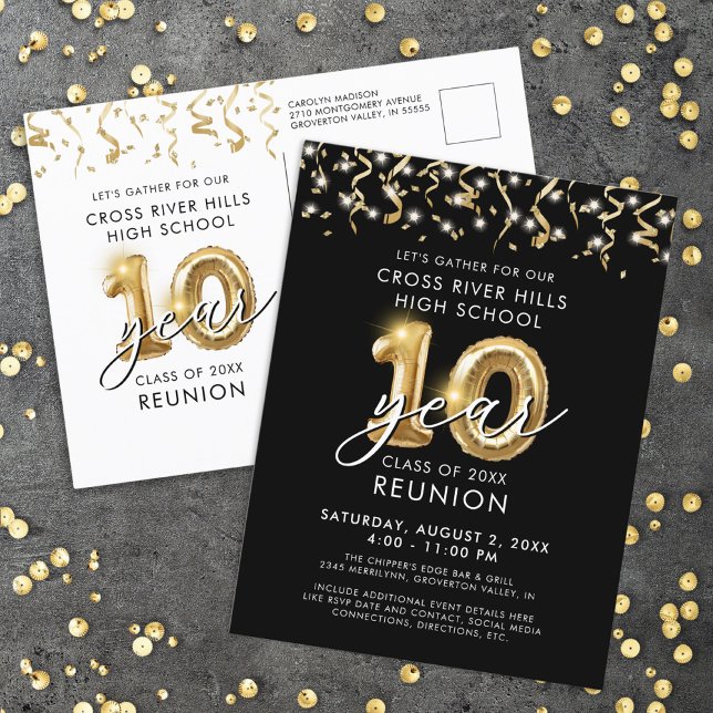 Carte Postale Classe Réunion 10 ans Black Gold Ballons Invitatio (Créateur téléchargé)