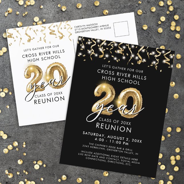 Carte Postale Classe Réunion 20 ans Black Gold Ballons Invitatio (Créateur téléchargé)
