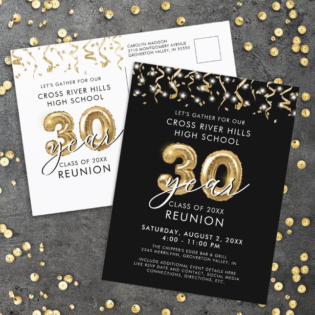 Carte Postale Classe Réunion 30 ans Black Gold Balloons Invitati (Créateur téléchargé)