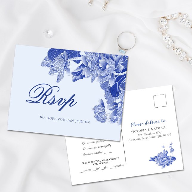 Carte Postale Classic Blue Chinoiserie Floral Wedding RSVP (Créateur téléchargé)