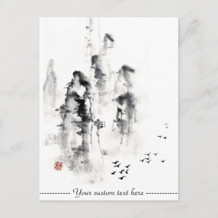 Carte Postale Classic chinois oriental sumi-e rose scène de mont