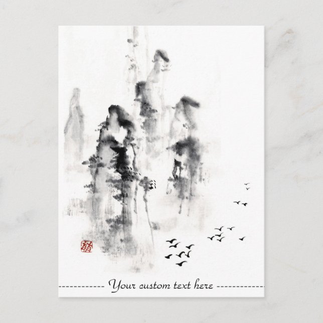 Carte Postale Classic chinois oriental sumi-e rose scène de mont (Devant)