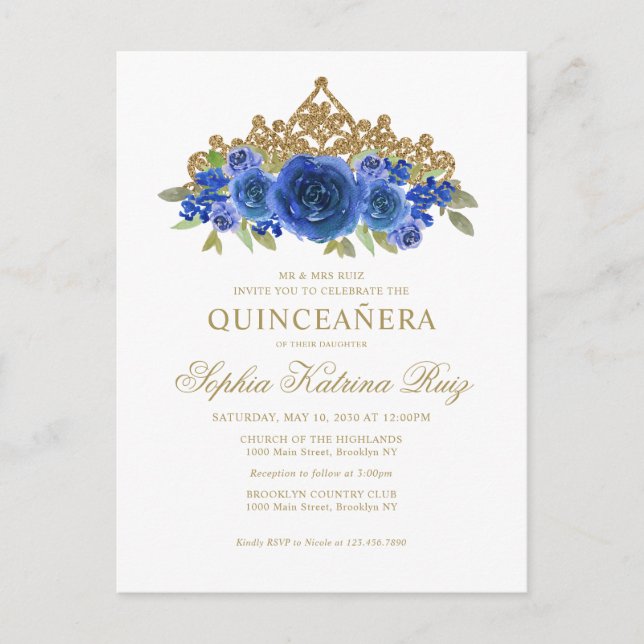 Carte Postale Classic Floral Royal Blue Gold Tiara Quinceañera (Devant)