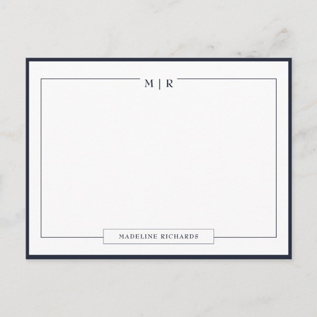Carte Postale Classic Monogram Navy Blue Border Stationery (Devant)