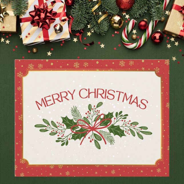 Carte Postale Classic Red and Green Holly Merry Christmas (Créateur téléchargé)