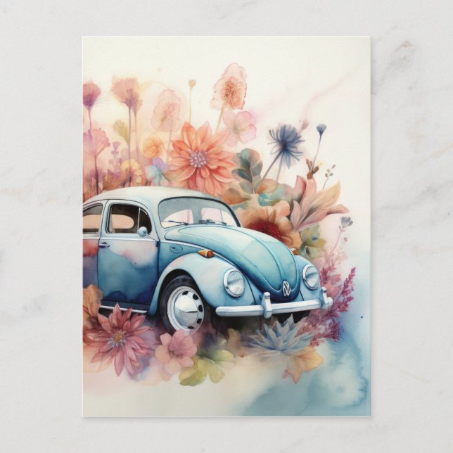 Carte Postale Classic Retro Car Floral Art (Devant)