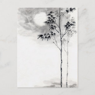 Carte Postale classique japonais sumi-e peinture art bambou lune