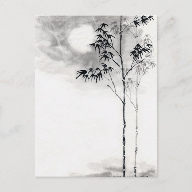 Carte Postale classique japonais sumi-e peinture art bambou lune (Devant)